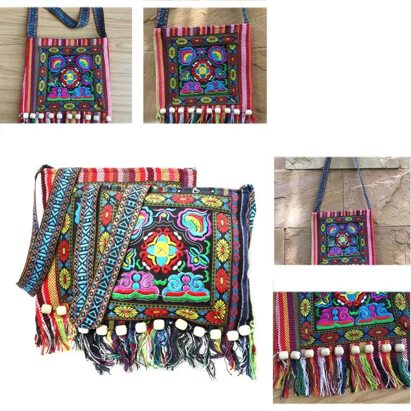 Винтажная этническая сумка для хранения на плечо Hmong, сумка для хранения с вышивкой и кисточками в стиле бохо, хиппи, сумка-мессенджер, подвесной органайзер для хранения Bags264y