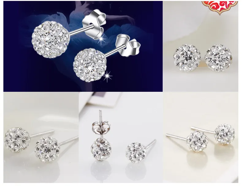 Boucles d'oreilles en boule de cristal de haute qualité en argent sterling 925 avec strass et bijoux en perles 10 mm 8 mm 6 mm pour femme