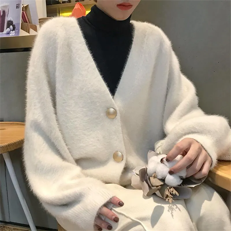 Autumn Winter V-neck Knitted Cardigan Imitation Cashmere Sweater Coat Hand Knit Mohair Jacket Long Faux Mane Fur Tops 201030