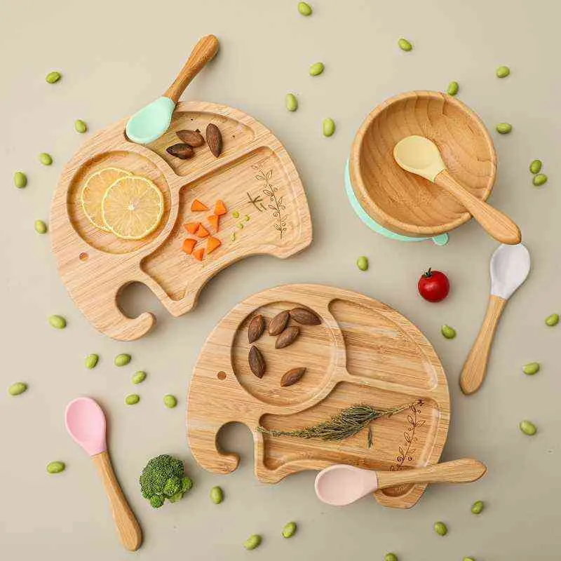1 conjunto de jantar de madeira de bambu bebê alimentação acessórios dos desenhos animados animais elefante placa de jantar com otário brithday presentes 220125