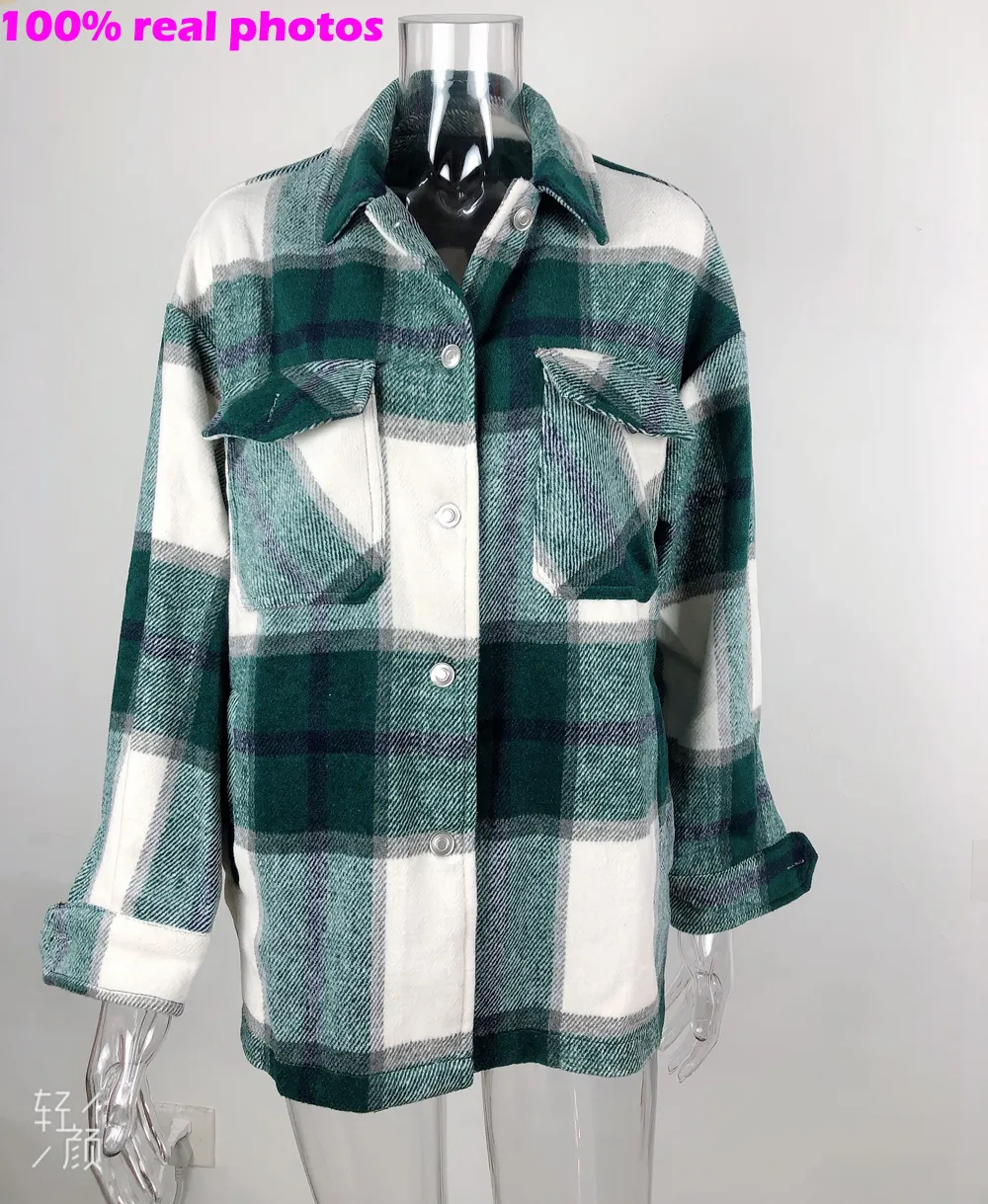 Kvinnor söta rutiga jackor överdimensionerade kontrollerade skjorta päls lös casual ullrock hösten vinter ull blandning ytterkläder streetwear 201019
