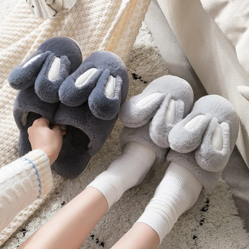 Mignon lapin pantoufle intérieur chaud femmes animal hiver fourrure maison chaussure femme fille antidérapant rose gris lapin fourrure maison pantoufles hommes Y200706