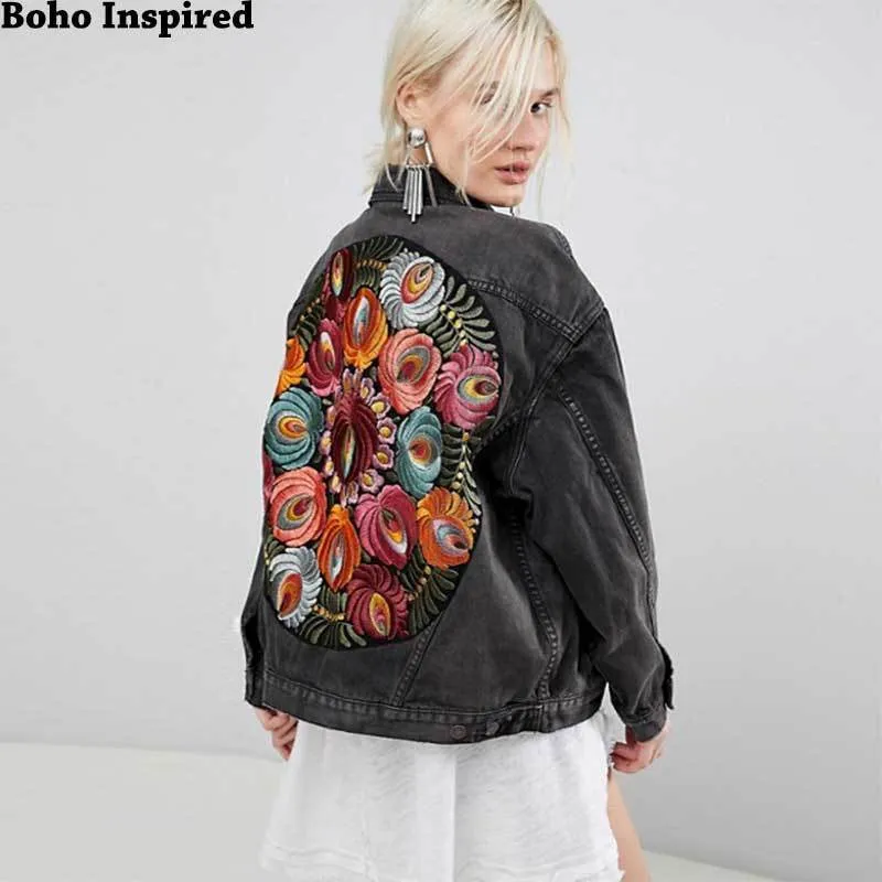 Boho inspirowane ponadwymiarową wielowarstwową haftowaną dżinsową kurtką Długie rękawy Casual Chicki płaszcz Kobiet 2020 Nowy płaszcz zimowy LJ200825