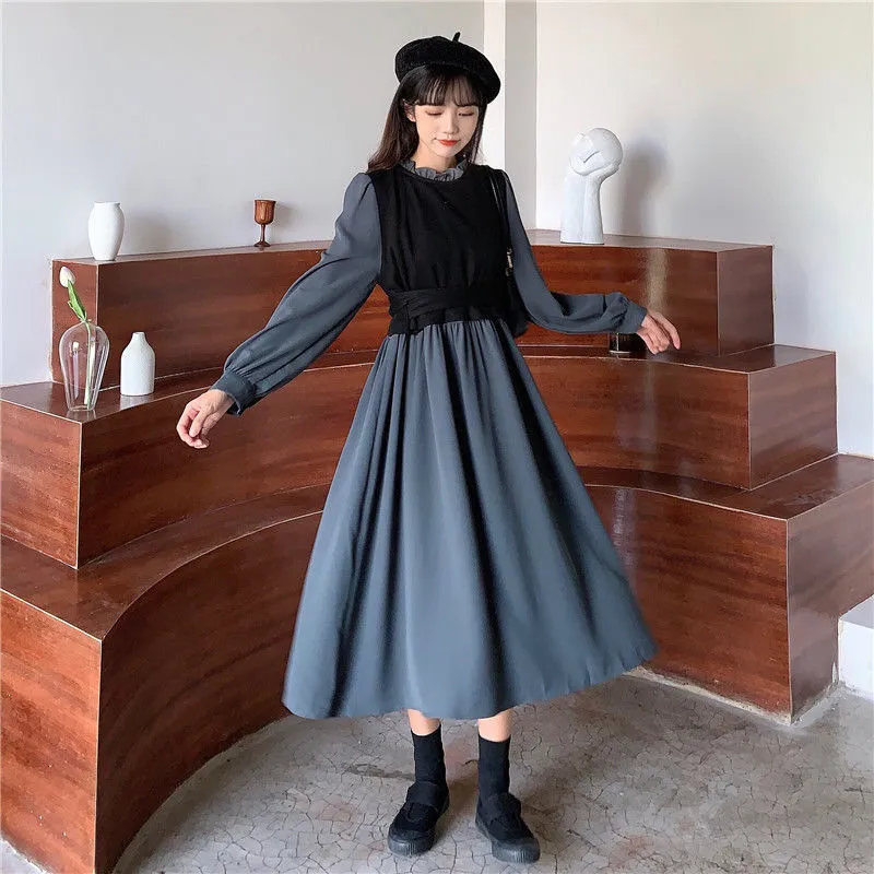 Longo manga vestido elegante plus size 3xl falso dois peça 2020 novo design outono arco nó feminino temperamento robe trendy w0118