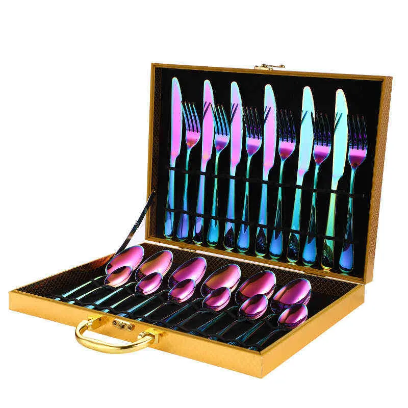 Utensílios de mesa Arco-íris Cutelaria Aço Inoxidável RainbowCutlery Set Forquilha Colher Faca Presente de Louça de Louça 211229