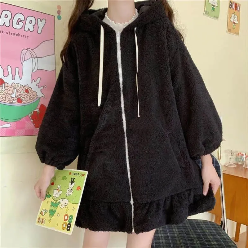 2021 Outono Modelos de inverno Novos hoodies casaco japonês japonês coelho orelhas de coelho cordeiro selvagem mais veludo grosso pelúcia mulheres kawaii roupas q0116