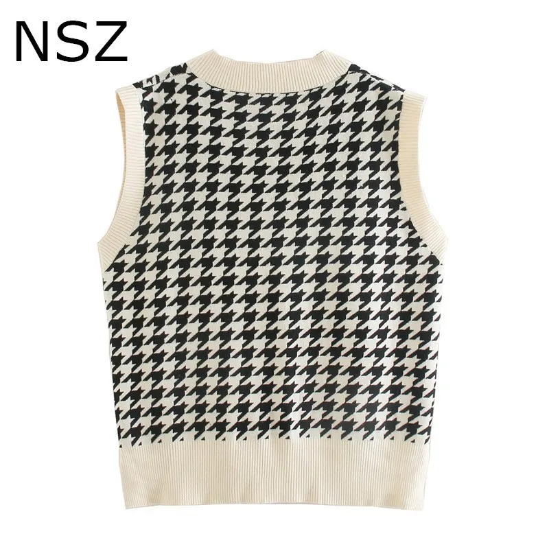 NSZ Damen Preppy-Stil, übergroß, ärmellos, Hahnentritt-Pullover, Weste, Asymmetrie, Strickjacke, Mantel, kariertes Tank-Top, Weste 201214