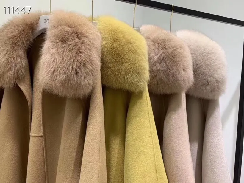 IHOBBY Alta qualità 100% lana donna grande collo di pelliccia di volpe cappotto invernale moda cintura di lana cappotto 201222