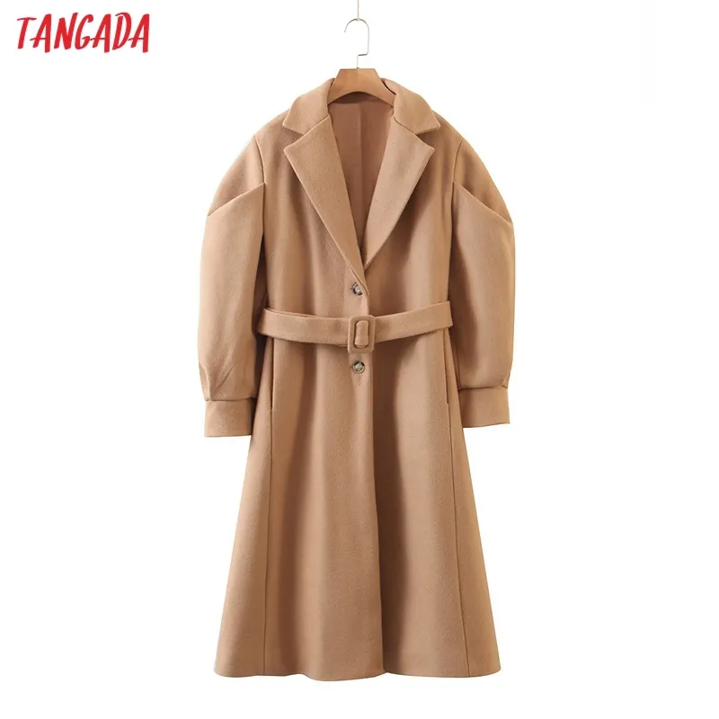 Tangada Winter Woman Khaki wełniany płaszcz ciepły grubość z slash elegancka puff długie rękawowe płaszcz żeńska płaszcz sp19 201215