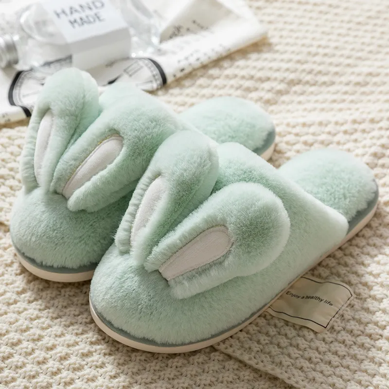 Mignon lapin pantoufle intérieur chaud femmes animal hiver fourrure maison chaussure femme fille antidérapant rose gris lapin fourrure maison pantoufles hommes Y200706