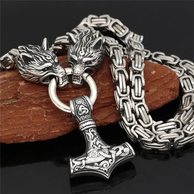 Punk Nordic Viking Never Fade Hombres Collares de acero inoxidable Lobo celta Runa Accesorios Colgante rey Cadena Nórdico Amuleto Joyería Y180j