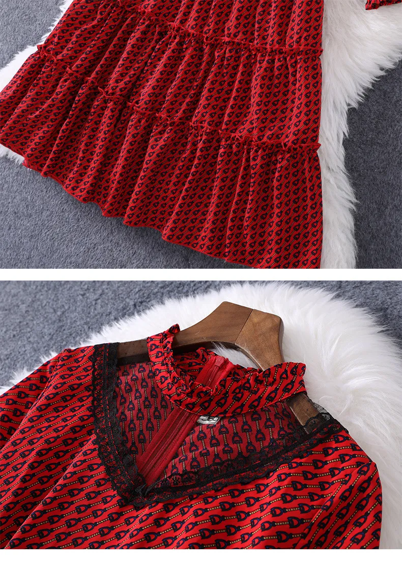 2021 primavera manica lunga girocollo stampa rossa con pannelli abito a metà polpaccio eleganti abiti casual MD258A628