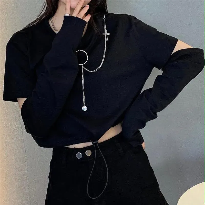 Spring Autumn Women Harajuku Cargo Pants Handsome Cool Two-piece Suit Chain Long Sleeve+Ribbon 220226