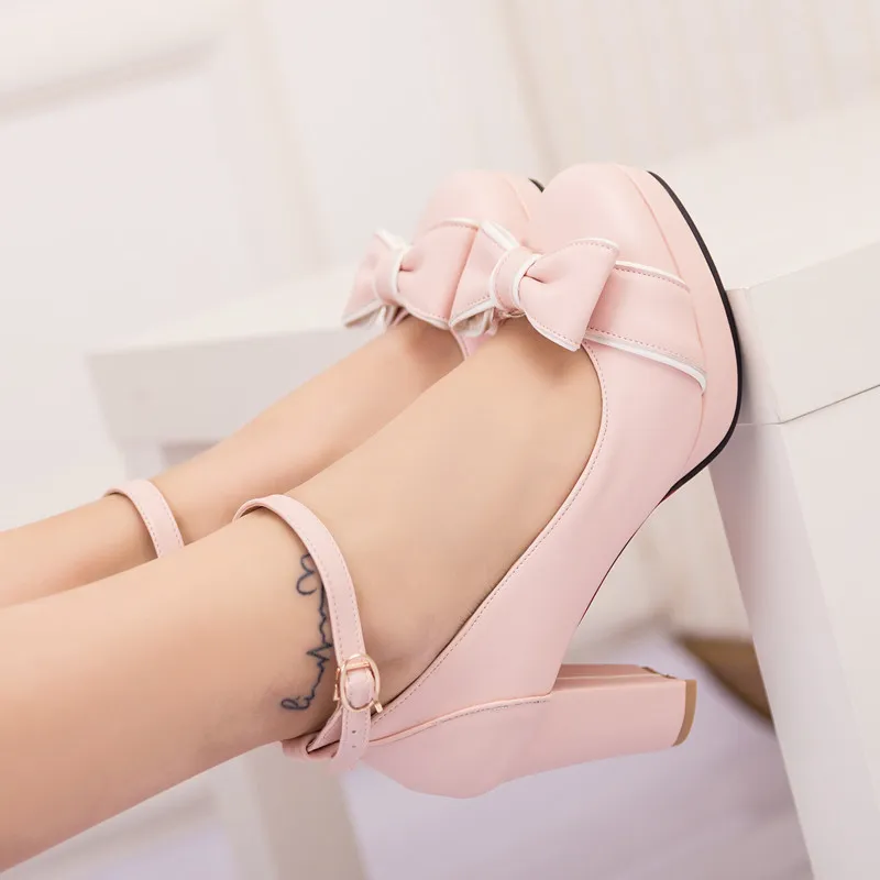 Lolita sapatos cor-de-rosa plataforma de salto alto Bombas das mulheres bloco de bloco cinta de tornozelo bonito sapatos de arco branco sapatos de escritório senhoras cosplay y1215