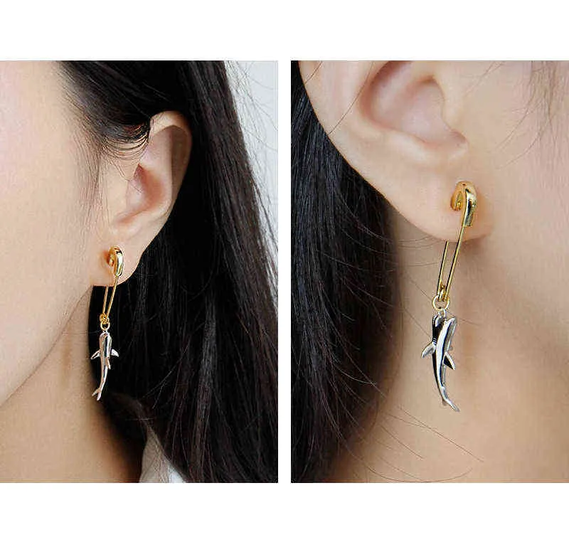 FINS Korean 925 Sterling Silver Earring Only Single Shark Pin Drop Earrings Personality Female 2201088720547