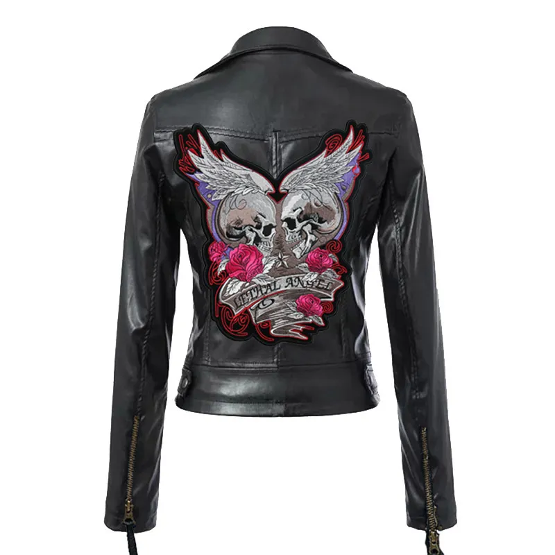 Mulheres Bordado Casacos de Couro Inverno Magro Motocicleta Bomber Skull Casaco Casacos Vinho Preto Vermelho 210201