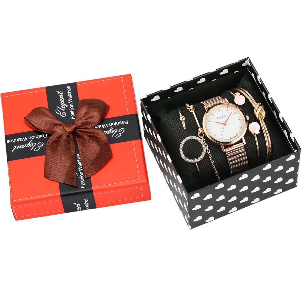 Kvinnors armbandklockor Set Rose Gold Quartz Analog Watches For Ladies rostfritt stål Remsur för kvinnor 201204233B