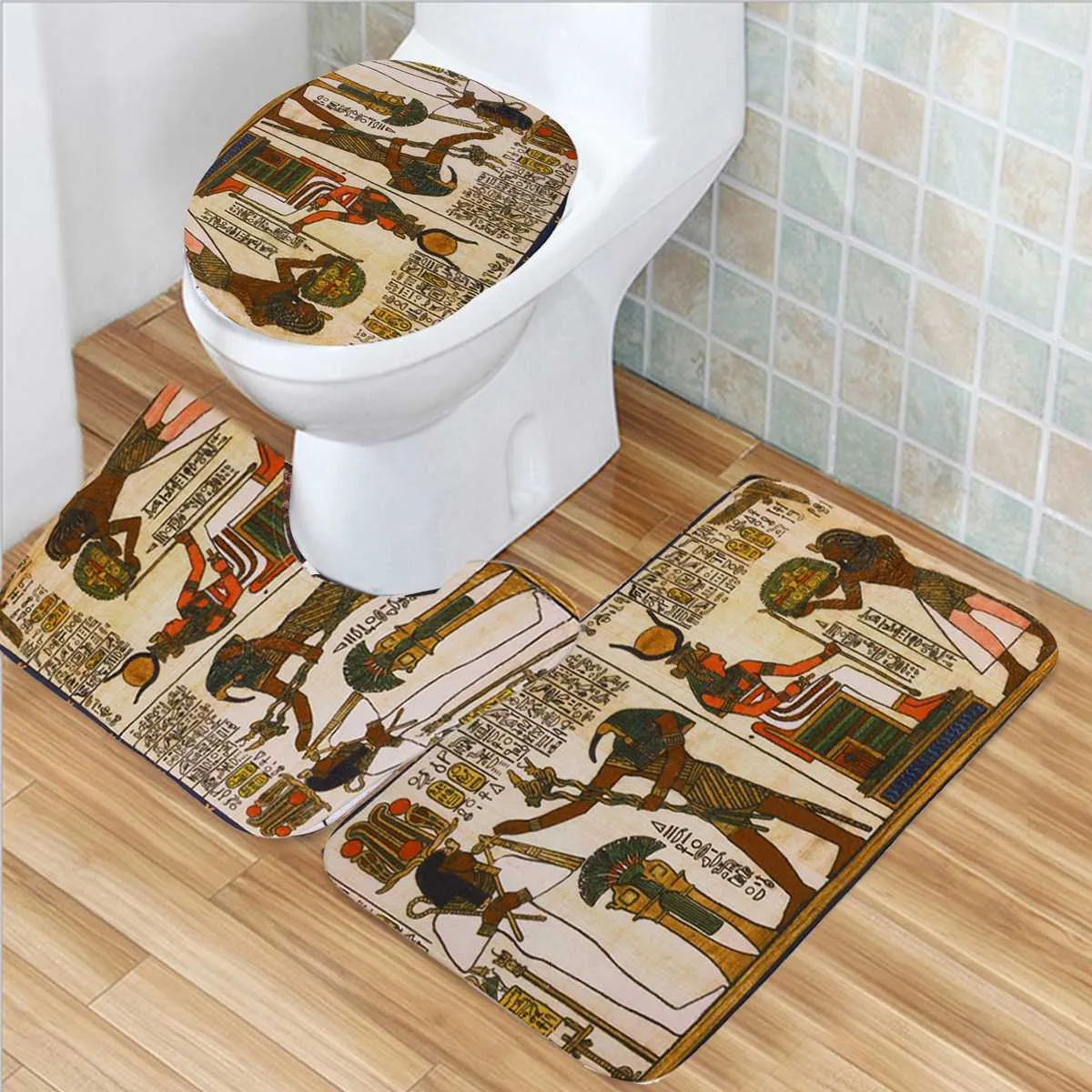 Ethnic Tapestry Ancient Egypt Printed Bathroom Shower Curtains Pedestal Rug Lid Toilet Cover Bath Mat Set Bath Waterproof Carpet T200711