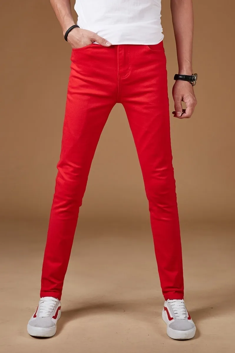 Jeans skinny uomo primavera autunno moda strada pantaloni sottili a matita pantaloni elasticizzati pantaloni coreani casual rossi adolescenti 201111