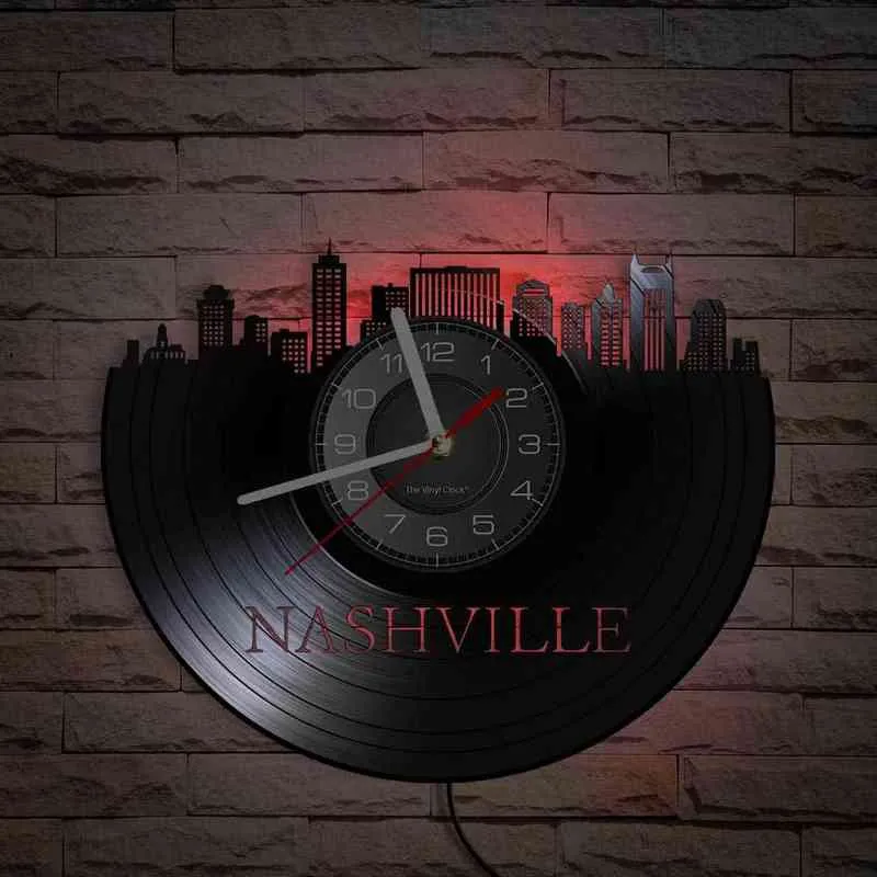 Nashville Skyline Gesneden Vinyl Record Shadow Art Wandklok Office Decor Tennessee Cityscape Vinyl Disk Crafts Retro Tijdrezen H1230