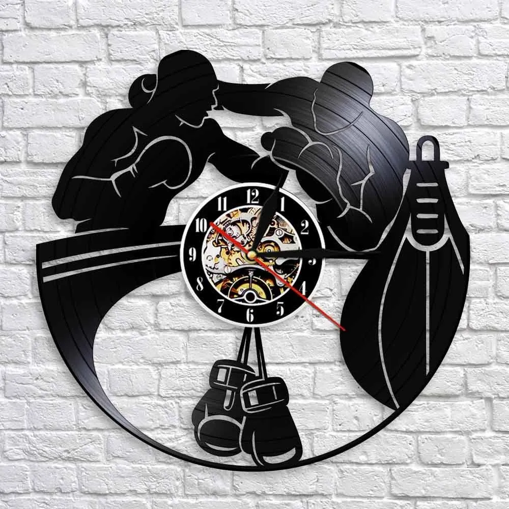 Boxe Home Decor Horloge murale Gants de boxe Sac de boxe Infighters Disque vinyle Horloge murale Combat Sports Boxers Scrappers Cadeau LJ201211