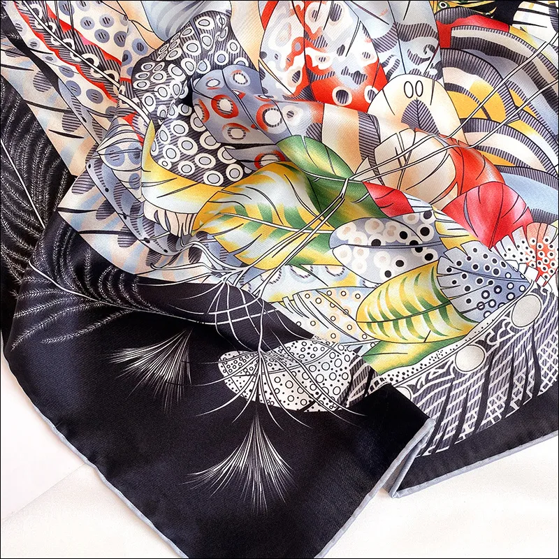 Satin Head Scarf Female Silk Head Scarves For Ladies Hand Rolled Scarf 90 Foulard Luxe Curling Plumes en Fete 2392