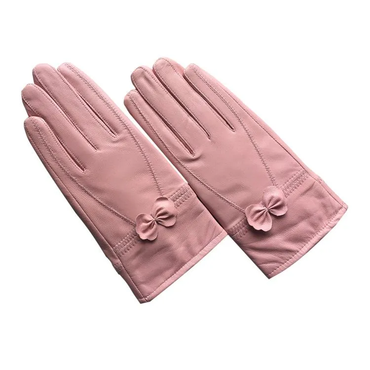 Cinco dedos Guantes de cuero para mujer Arco cálido lindo coche y gamuza dama invierno mujeres satinado rosa mujer12593