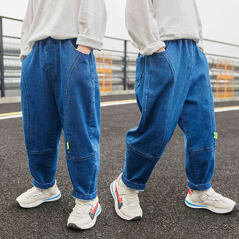 Boys Cargo Pants Autumn 2021 School Children Jeans Fashion All-match Blue Jeans Elastic Waist Kids Casual Trousers 12 13 14 Year G1220