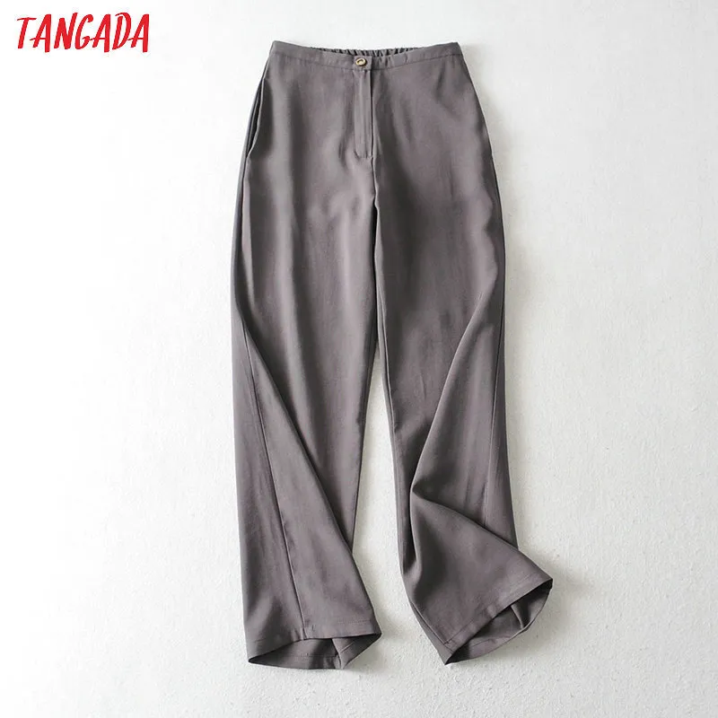 Tangada 2020 summer fashion women beige long suit pants trousers pockets strethy waist office lady pants pantalon LJ201029