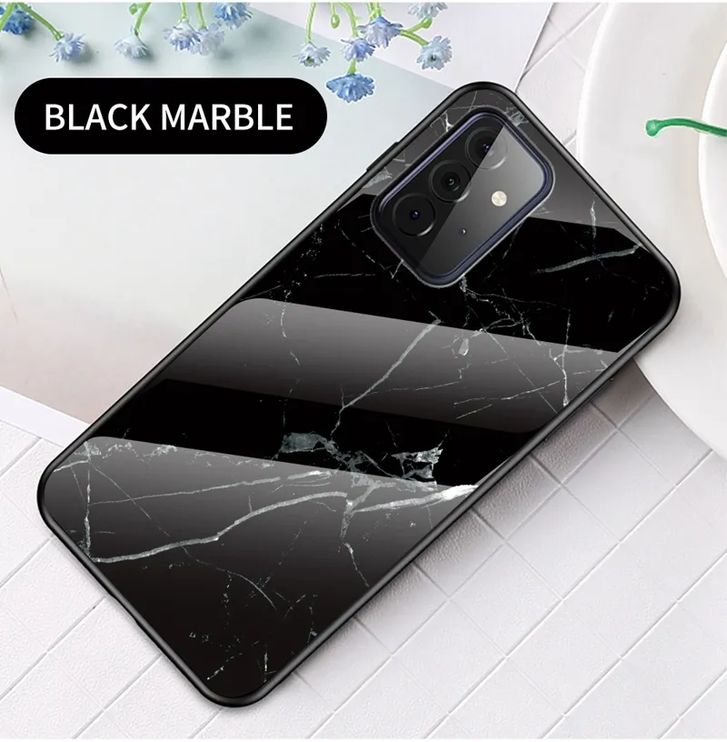 Svåra Fodral för Samsung Galaxy A82 A72 A52 5G Marmortryck Härdad glasskydd med mjuka TPU-kanter Anti-Scratch