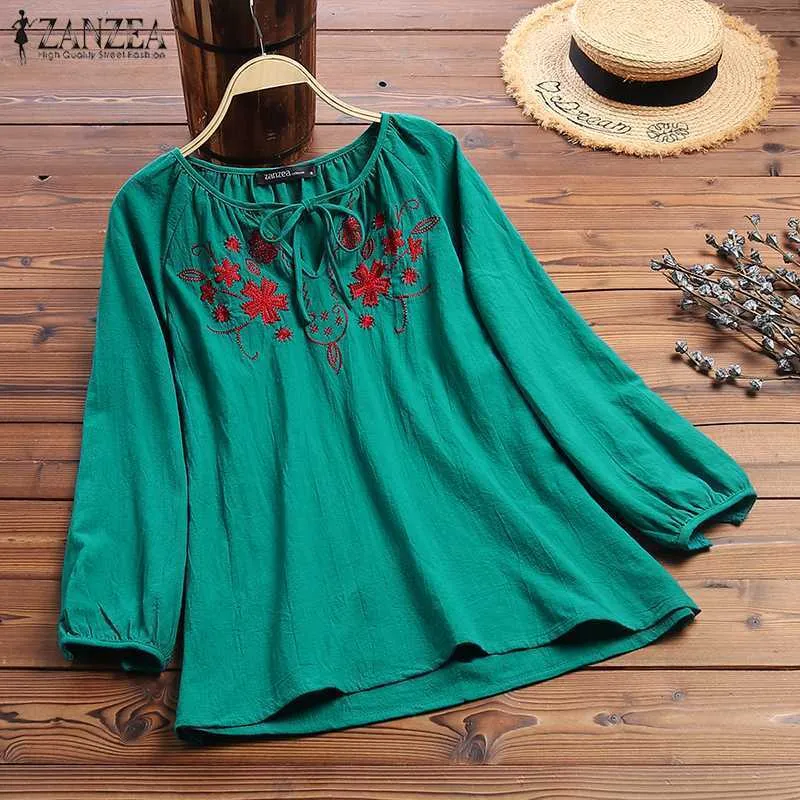 2019 Vintage Embroidery Shirt Autumn Blouse Women V Neck Long Sleeve Cotton Linen Tops Plus Size Robe Femme Party Blusas T200321