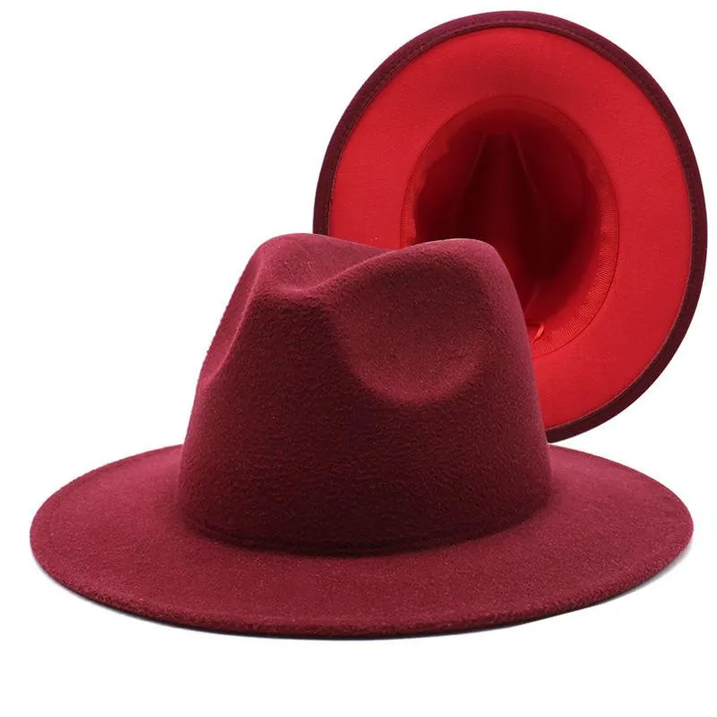 Einfache äußere dunkelgrüne innere rote Wollfilz-Jazz-Fedora-Hüte mit dünner Gürtelschnalle Männer Frauen breite Krempe Panama Trilby Cap 59-61CM322w