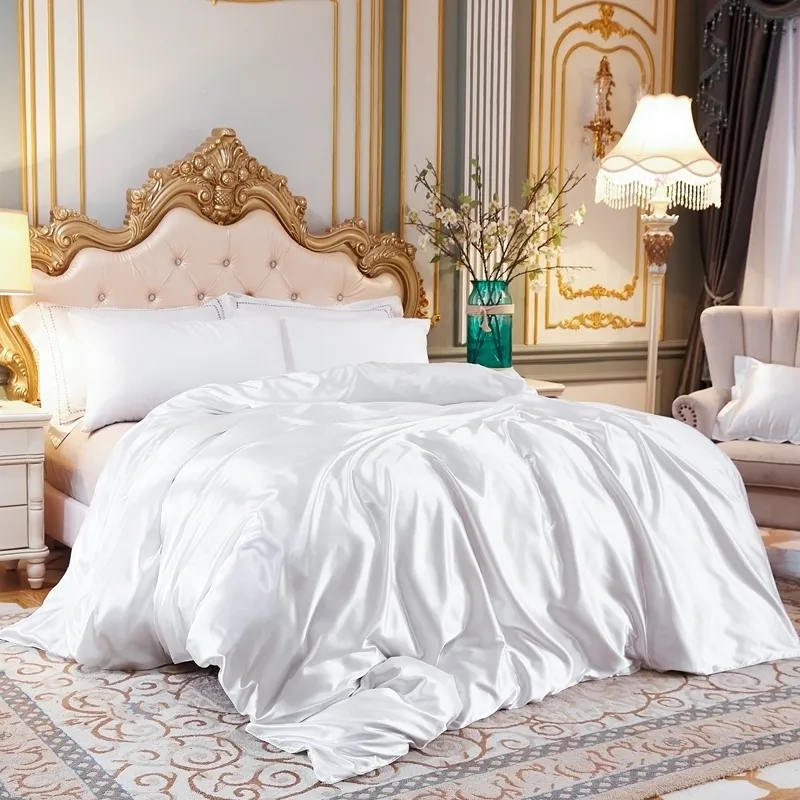 Solid Silk Bedding Set Luxury White Wedding Bed Linen Designer Satin Duvet Cover Bed Sheets Home Textile King Queen Twin Size 20118664317