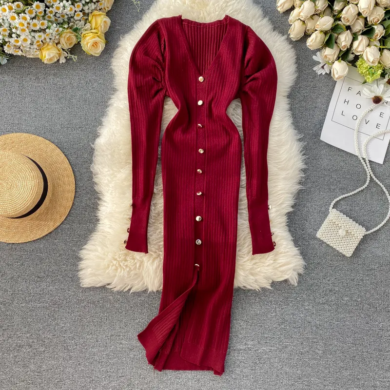 Croydier Sweter Sukienka Sukienka Damskie Puff Długim Rękawem V Neck Button Vintage Eleganckie Dzianiny Midi Suknie Szczur Sexy Bodycon Dress Y0118