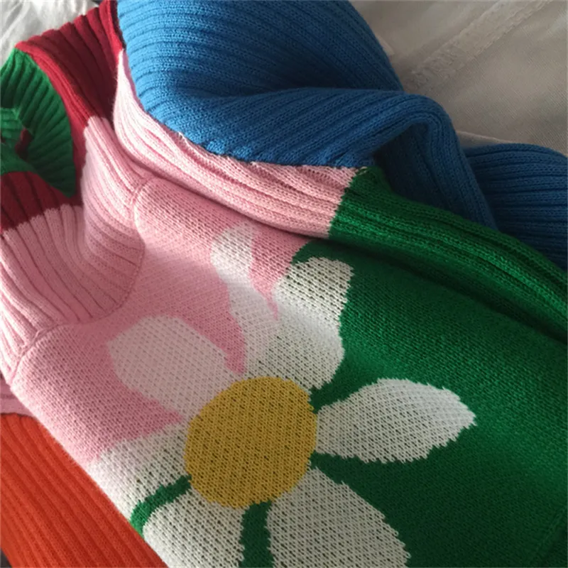 Damen-Pullover mit Blumenmuster und Regenbogen-Streifen, langärmelig, Stretch-Pullover, Strickoberteil, Dolly-Pullover, Harajuku-E-Girl-Outfit / 201130
