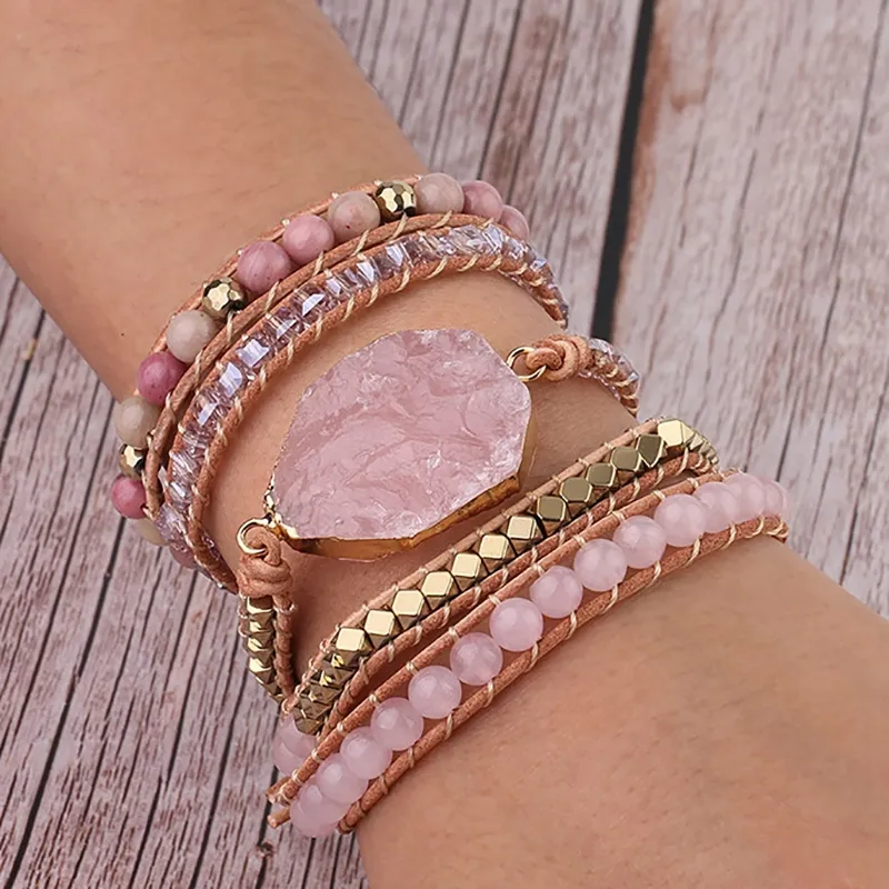 Bransoletka z kamienia naturalnego Różowe kwarcowe skórzane bransoletki dla kobiet klejnoty różowe kryształowe koraliki biżuterii F12116997236