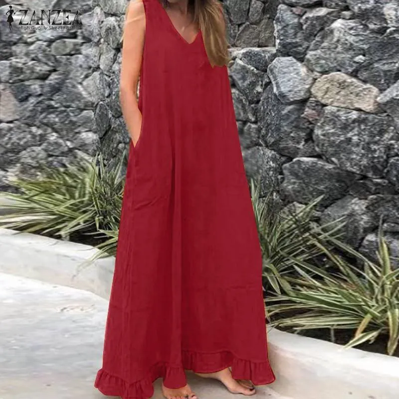 Zanzea Summer Solid Maxi Long Sundress Moda Kobiety Ruffles Sukienka Bohemian V Neck Bez Rękawów Beach Vestido Bawełniane Dresses Y0118