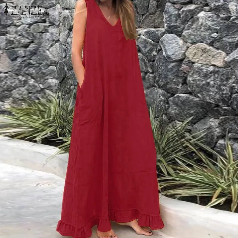 Zanzea Verão Maxi Maxi Longo Moda Moda Mulheres Ruffles Dress Bohemian V Neck Sem Mangas Praia Vestido Vestidos Rosinho de Algodão Y0118