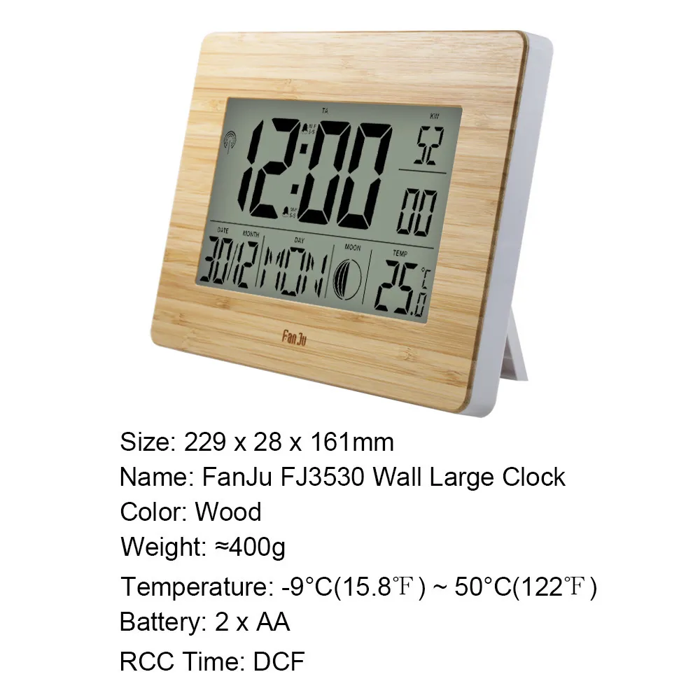 FanJu Digitale Wanduhr LCD Große Große Zahl Zeit Temperatur Kalender Alarm Tisch Schreibtischuhren Modernes Design Büro Wohnkultur Y200407