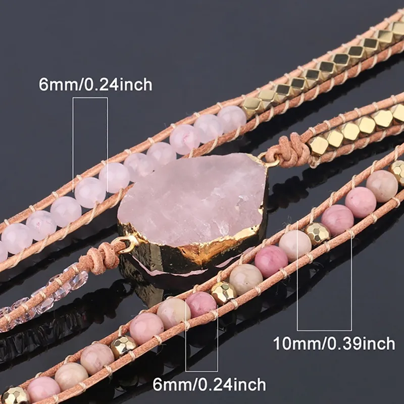 Натуральный каменный браслет розовый кварцевый кожаный обмоток браслетов для женщин розовые драгоценные камни хрустальные бусины богемия ювелирные изделия F12117304081