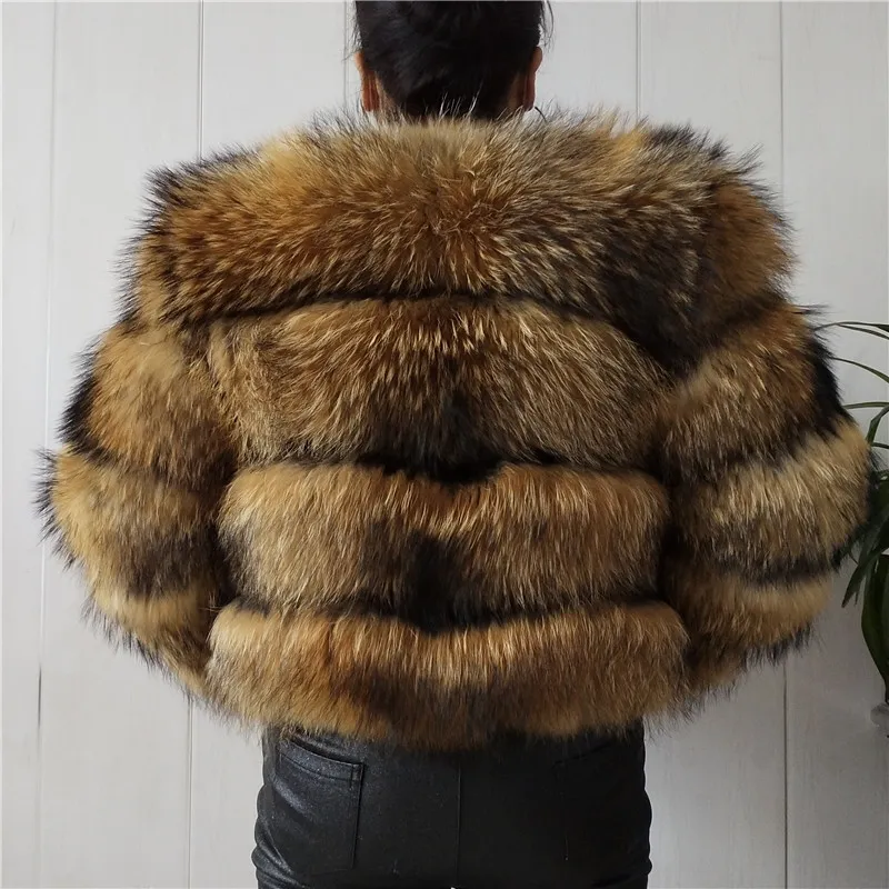 Mulheres de inverno real natural guaxinim prata raposa pele destacável manga casaco comprimento 50 cm 201103
