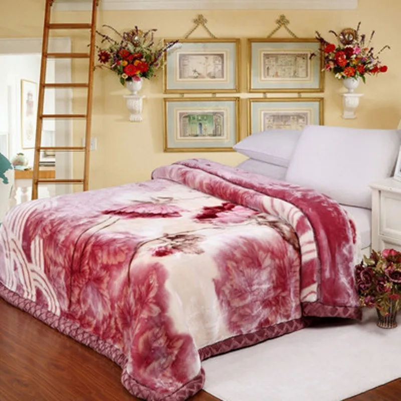 Doppelschichtige winterverdickte Raschel-Plüsch-gewichtete Decke für Doppelbett, warm, schwer, flauschig, weich, mit Blumen bedruckt, Überwurfdecken 203131