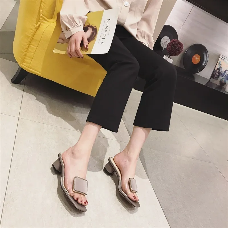 Summer Transparenta Women Tisters Metal Buckle Square Heels PVC Slippers Female Party Shoes Open Toe Ladies Shoes For Women Y200423