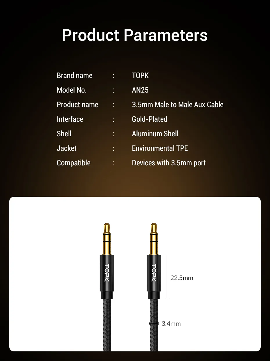 Topk Jack 3 5 O Cable 3 5mm مكبر صوت AUX كابل للهاتف Samsung Xiaomi OnePlus Car Male to Male Cable176C9895480