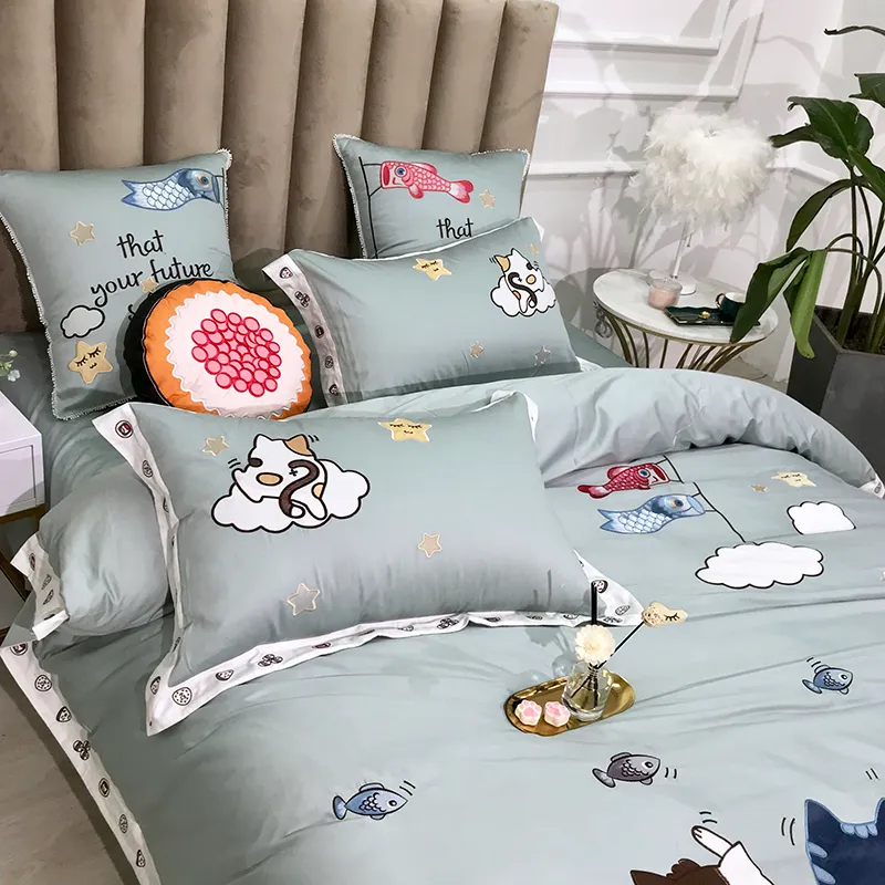 Koty i kwiatowy Haft Chic Sztuka Duvet Cover Set 600TC Egiptian Bawełna Soft Zestaw Pościel Królowa King Duvet Cover Arkusz T200706