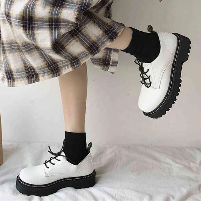 Dress Women Oxford Flat on Platform Lace Up Leather Shoes Round Toe Thick Sole Lolita Shoe White Black Zapatos Mujer 9376N 220309