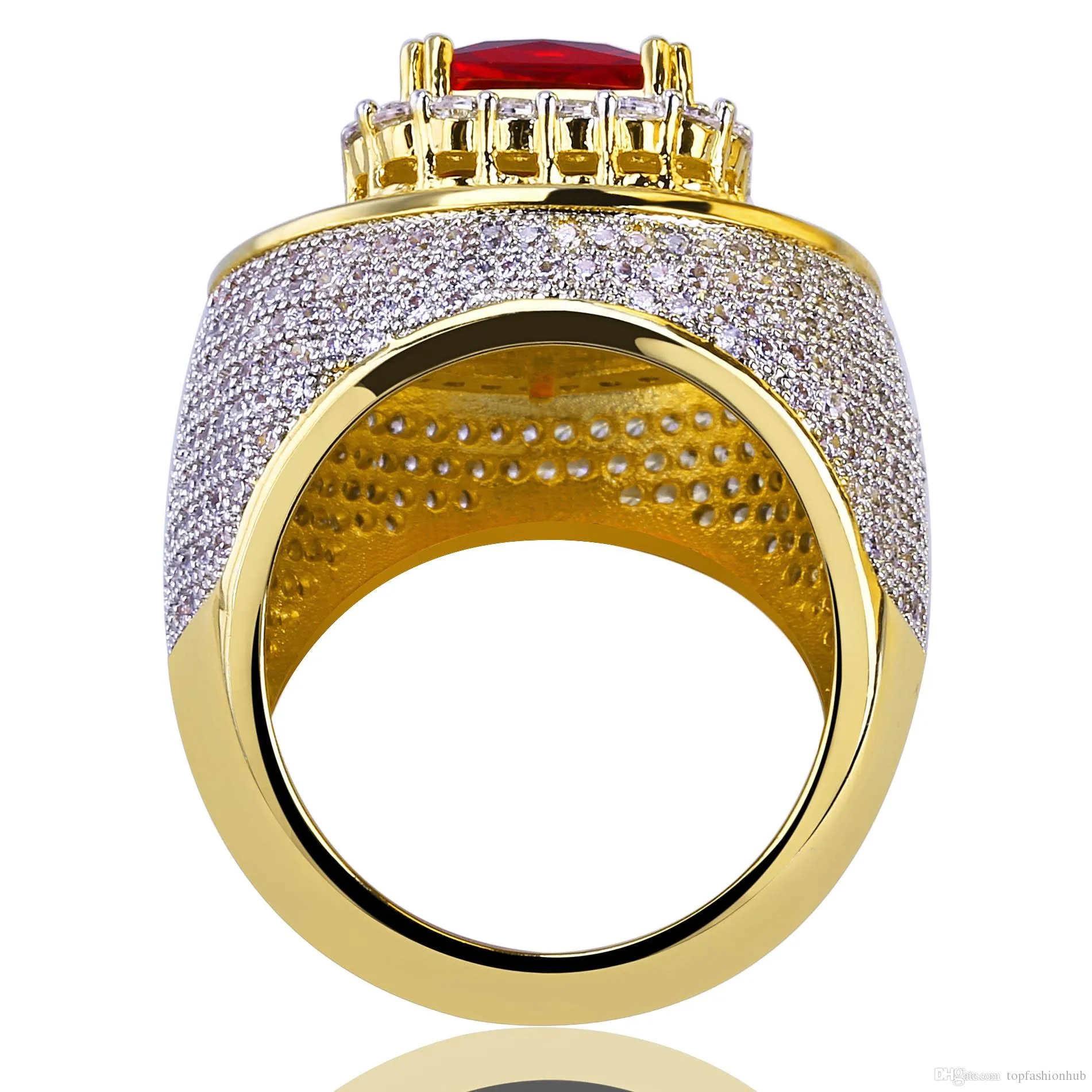 Позолоченные кольца с цирконом для мужчин и женщин в Европе и Америке Кольцо в стиле хип-хоп с инкрустацией рубином3406