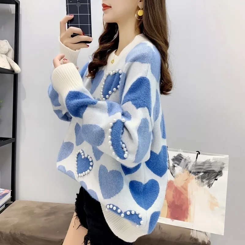 2020 Lazy Style Foreign Style Loose Sweater Women Korean Version Pullover Sweater Small Fresh Pearl Plush Jacket Autumn LJ201113