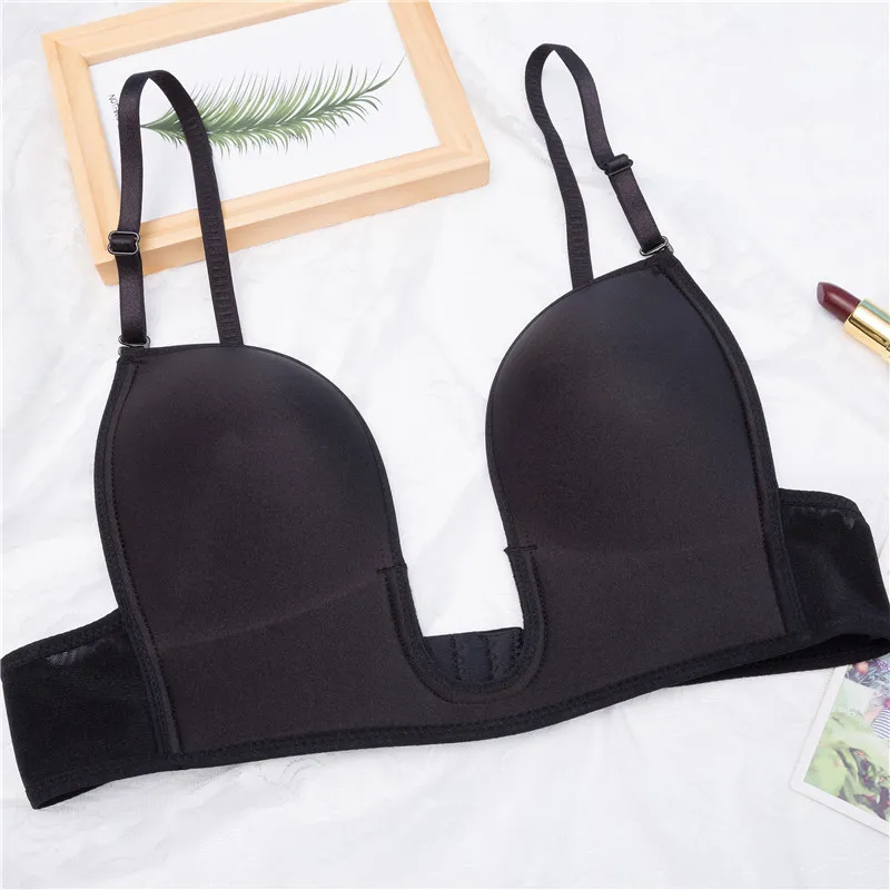Womens Deep U Shaped Plunge Lift Up Wire Free Bras With Low Back