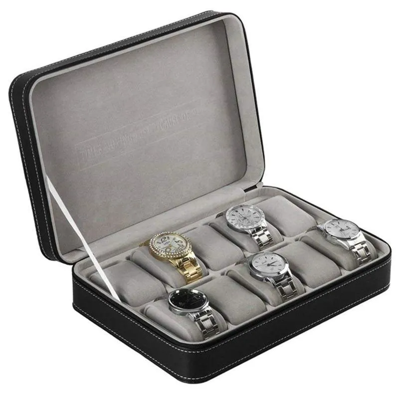 Boîte de montre Portable, organisateur en cuir PU, cercueil avec fermeture éclair, Style classique, 10 grilles, présentoir de bracelets multifonctionnel, Case285Z
